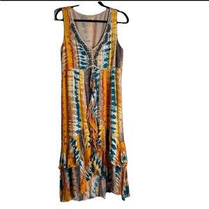 Reba Sleeveless Tie Dye Boho Ruffle Midi Dress Size XL